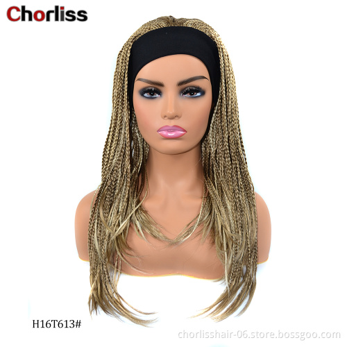 Wholesale Grey Black Blonde Box Braids Turban Wigs Ombre Afro Synthetic Heat Synthetic Hair Wigs Headband Attached For Women